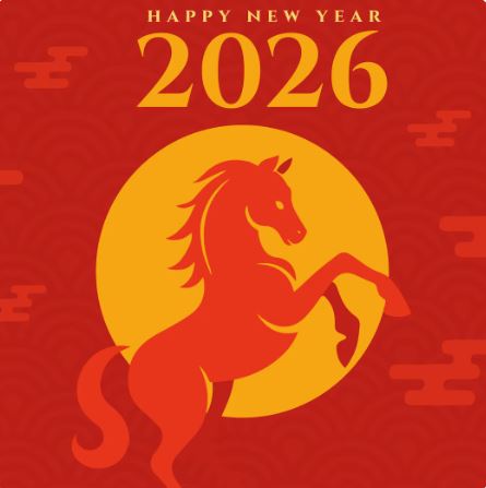 Happy New Year 2026 with red horse rearing in front of a golden sun on a red background
